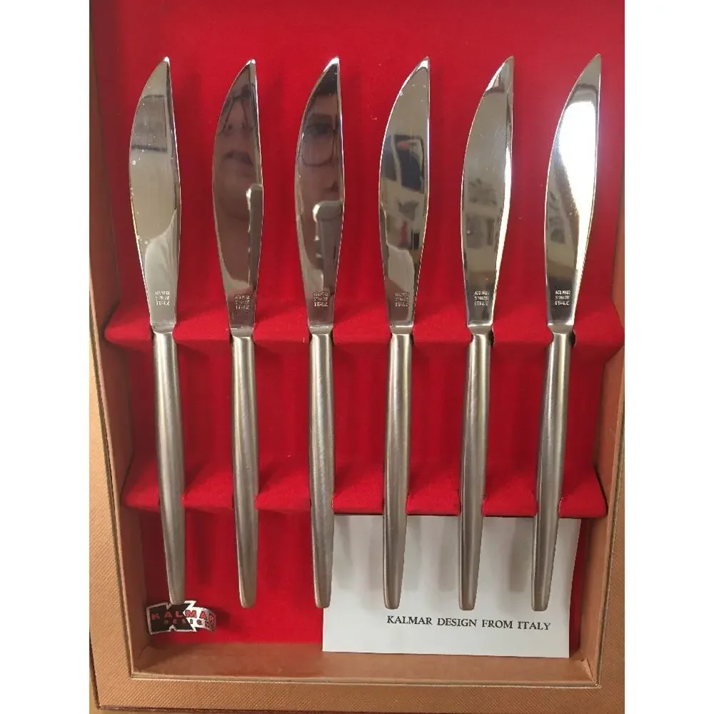 Set 6 Vintage Mid Century Kalmar Italy Stainless Steel Dinner Knives Set w Box
